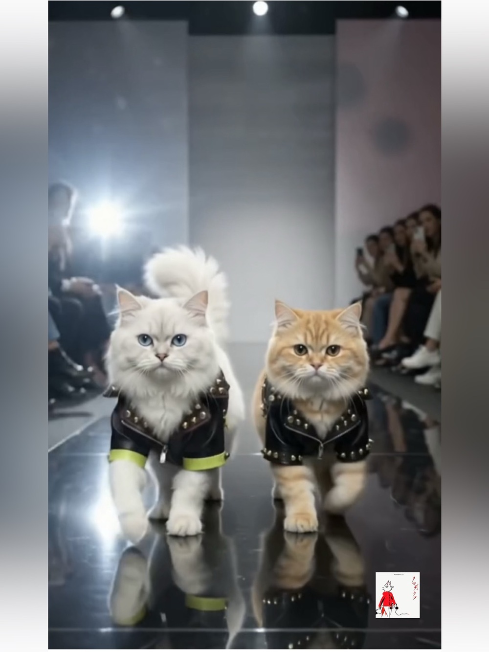 Fashion-Forward Cat Duo Art Print - White & Brown Cats